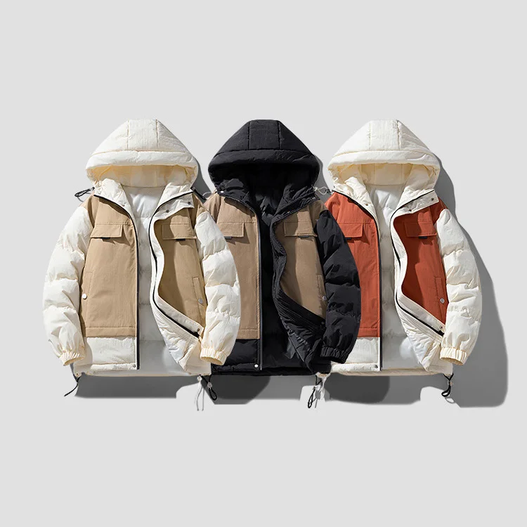 Winter Man Down Jacket Thicken Contrast Color Patchwork Zipper Men Outerwear Long Sleeve Zipper Versatile Male Hooded Coat