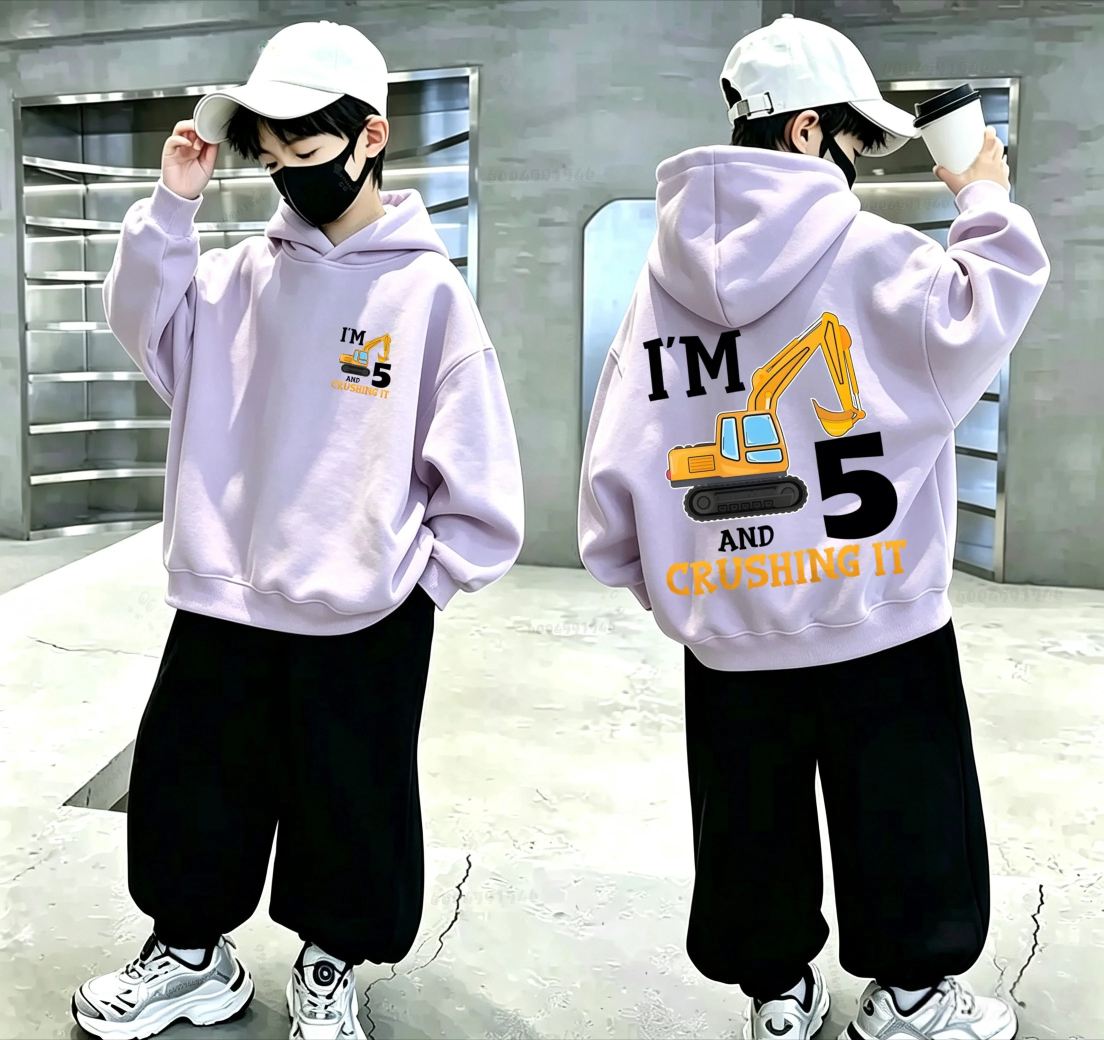 Latest model - Loose-fitting children's hooded shirt with Y2k excavator and engineering vehicle print children's pullover hoodie