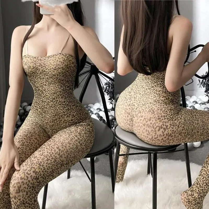 

Bodysuit Open crotch leopard print transparent oversized backless jumpsuit socks sexy lingerie erotic woman crotchless babydoll