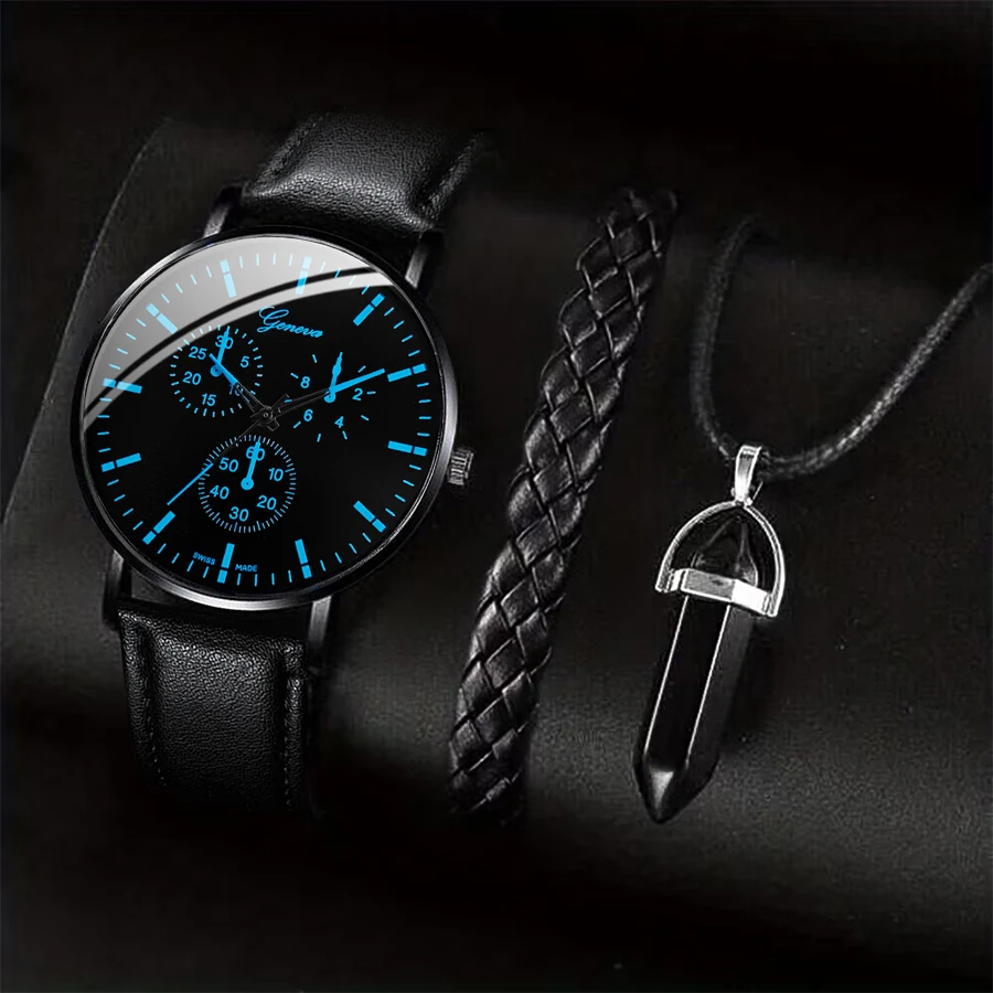 3PCS/Set Men Business Watches Casual Leather Band Analog Male\'s Quartz Watch Necklace Bracelet Set