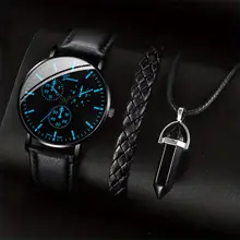 3 Pçs/set Homens Relógios de Negócios Casual Pulseira de Couro Analógico Masculino Relógio de Quartzo Colar Pulseira Conjunto