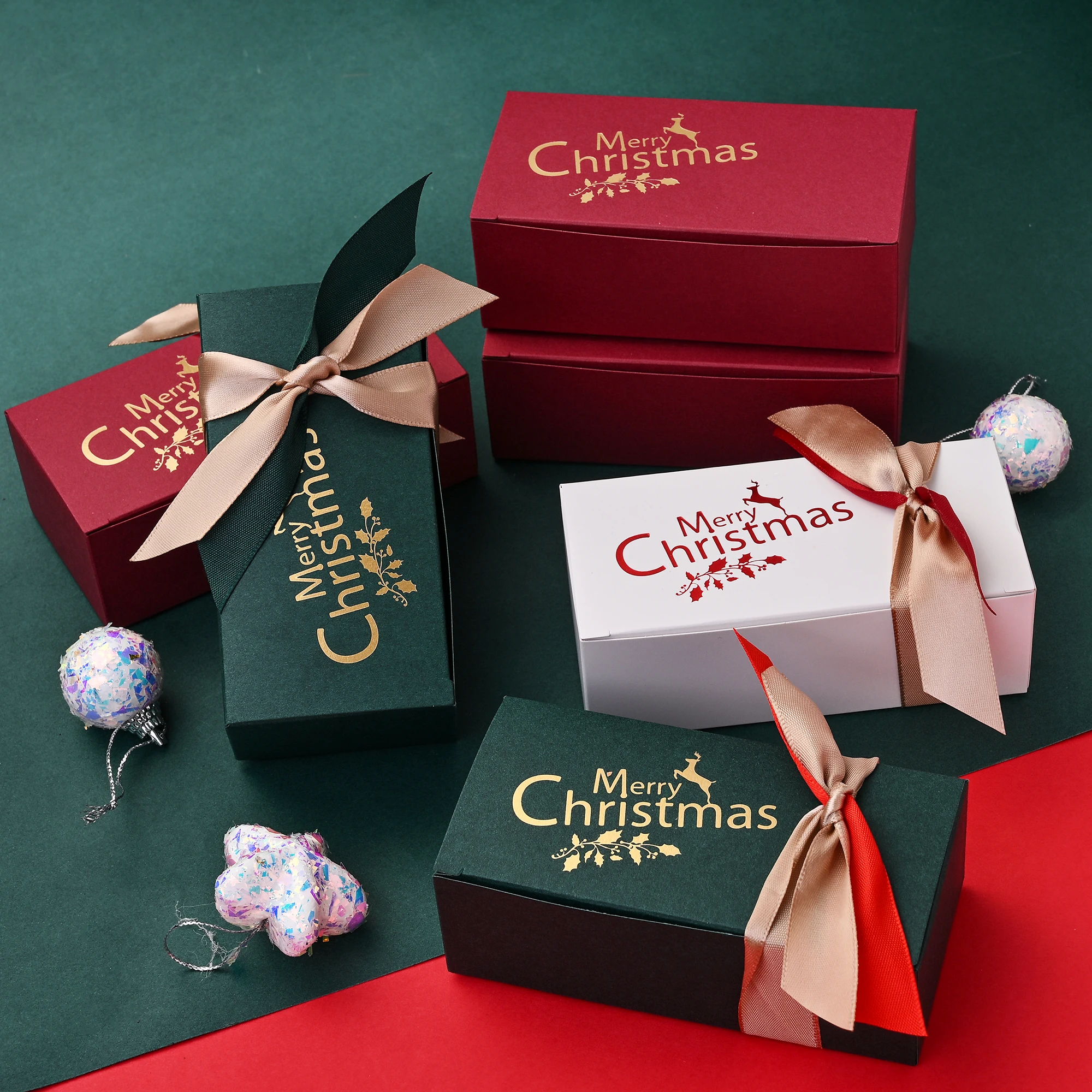 iYOE 10個入り メリークリスマスボックス リボン付き パーティーギフト用紙箱 クリスマスギフトラッピング クリスマスデコレーション 12*6*4cm