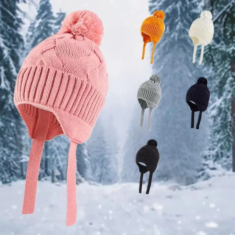 니트 아기 모자 스카프 세트 겨울 따뜻한 여자아이 비니 플리스 안감 유아 어린이 모자 폼폼 장식