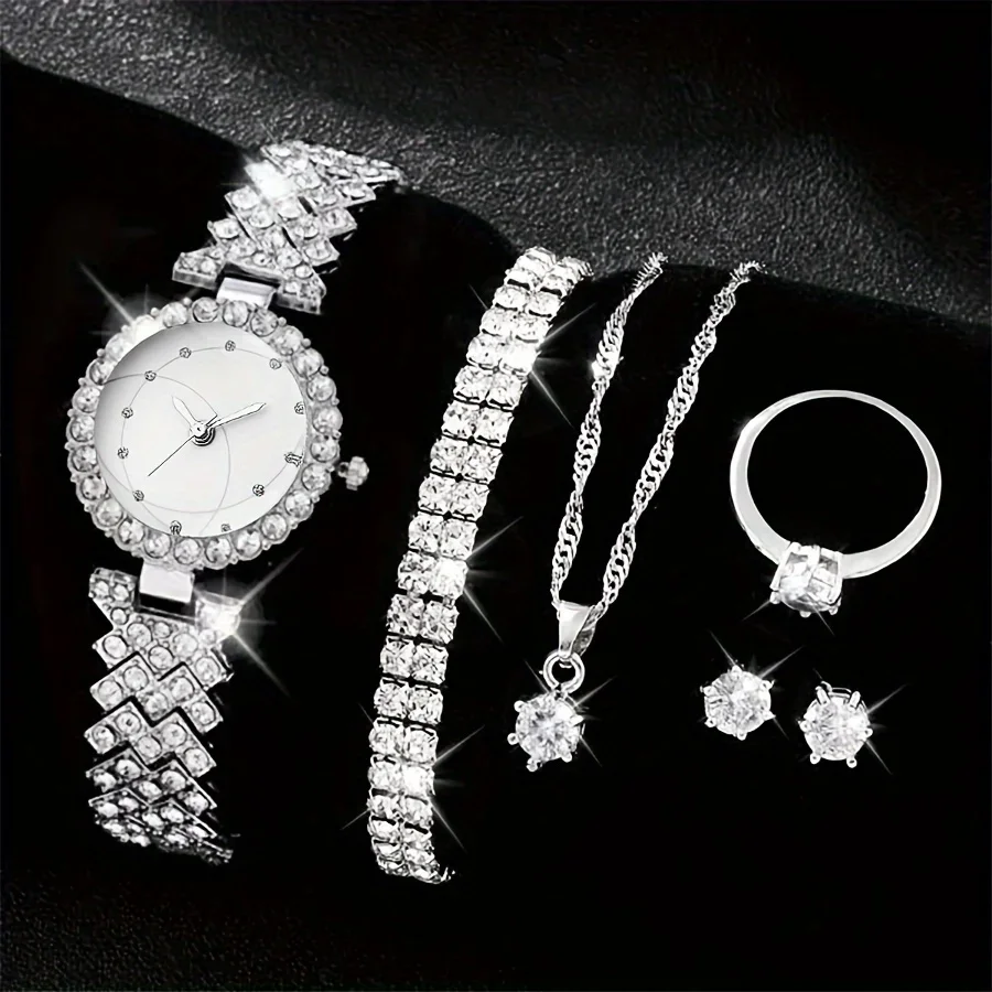 ساعة كوارتز نسائية بمؤشر مستدير ، حجر الراين اللامع ، ساعة معصم تناظرية ، طقم مجوهرات ، هدية لأمي ، لها ، 6 أو