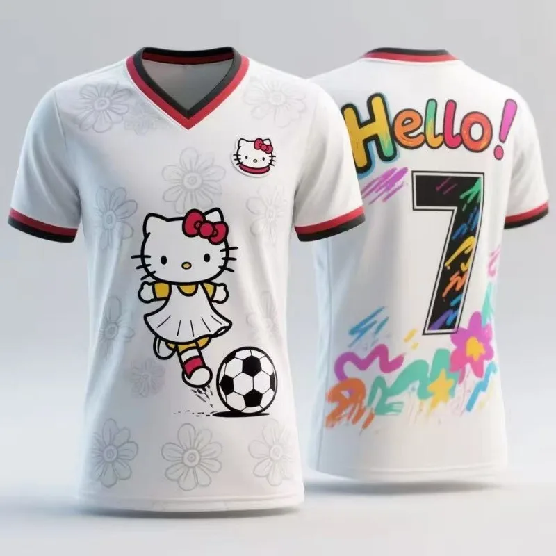 

Футбольная футболка Sanrio Hello Kitty с 3D-принтом, спортивная футболка для занятий спортом на открытом воздухе, тонкая быстросохнущая дышащая одежда с короткими рукавами и круглым вырезом