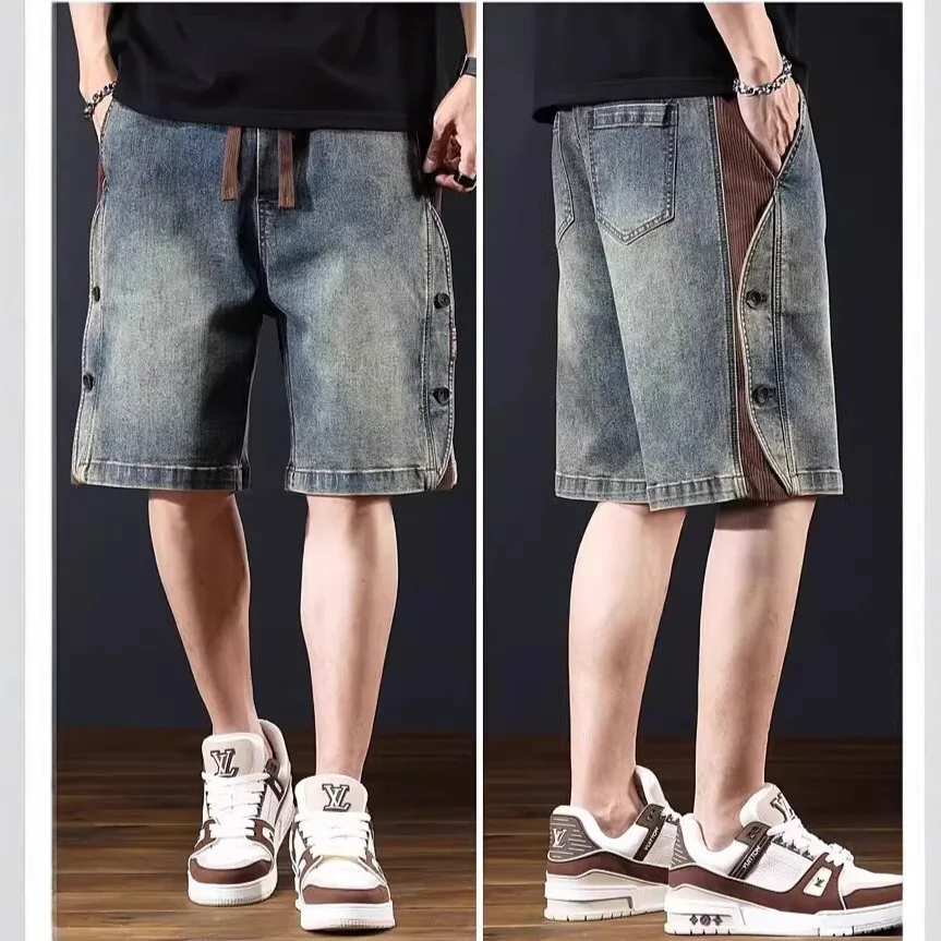 

Мужские джинсовые шорты в американском стиле, лето 2025, новые, свободные, с эластичным поясом на пять точек, больших размеров, модные, брендовые, средней длины