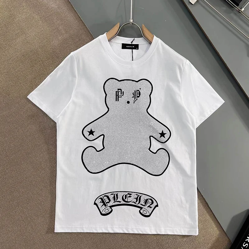 AlexPlein Bear Rhinestones Crystal Men\'s Clothing Fashion 2022 Summer Shortsleeve Round Neck Streetwear Chic Hiphop 100% Cotton