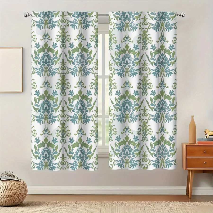2PCS Digital Print  Curtain, Vintage Blue Green Pattern, Aesthetic Room Decor  Curtain for Apartment Dorm Bedroom