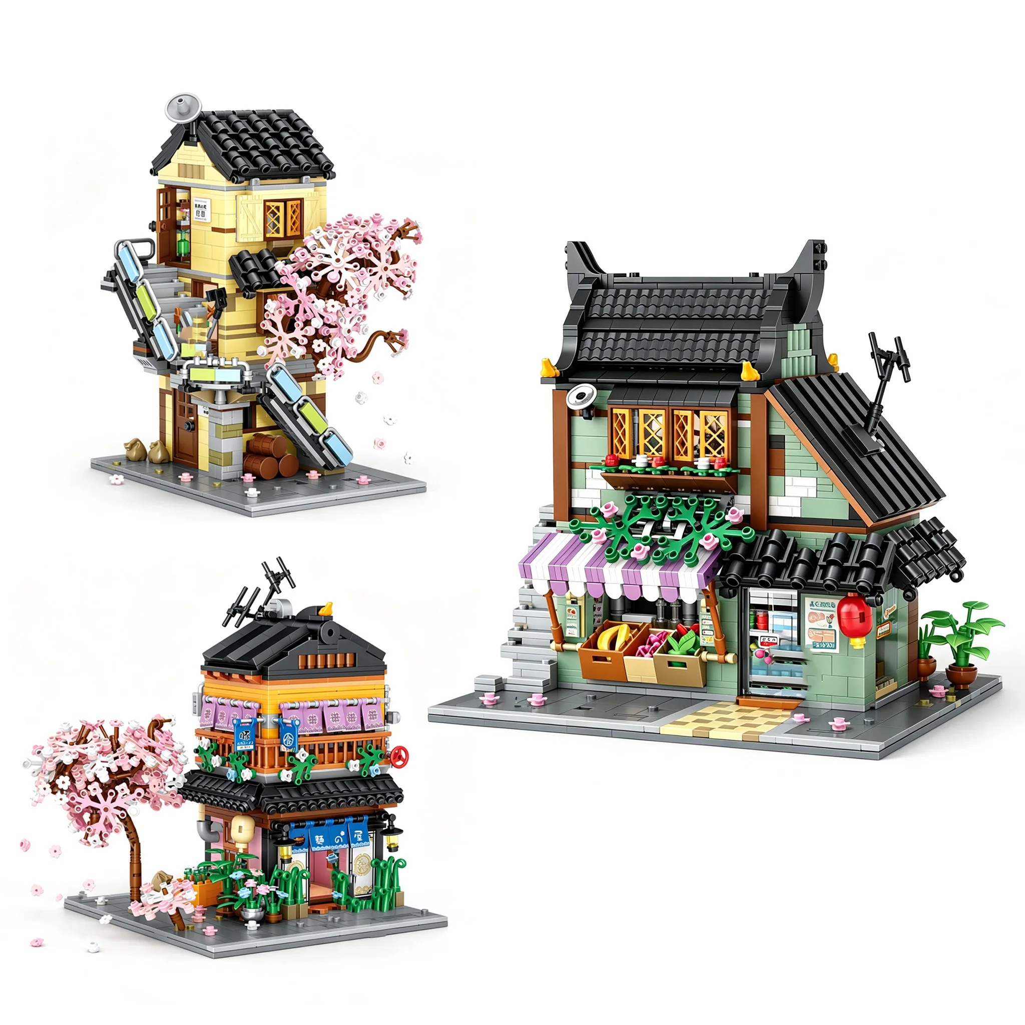 Bloques de Construcción 3 en 1 de Japón: Mini Restaurante de Ramen con Vista a la Ciudad, Apartamento, Tienda de Frutas y Verduras, Juguetes de Construcción