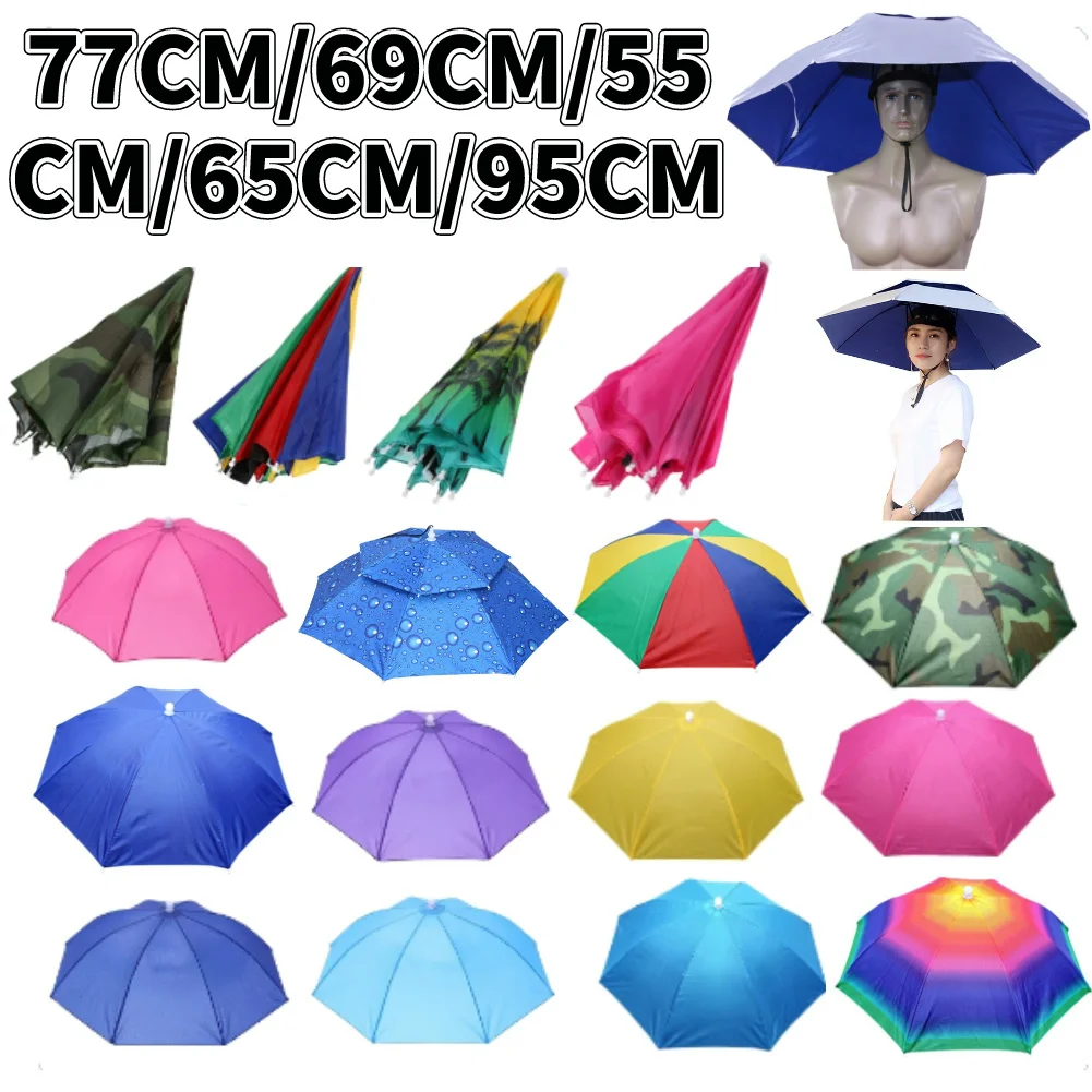 55/69/77/95cm Outdoor Fishing Caps Rain Umbrella Hat Foldable Fishing Sunshade Headwear Cap Waterproof Camping Beach Fishing Hat