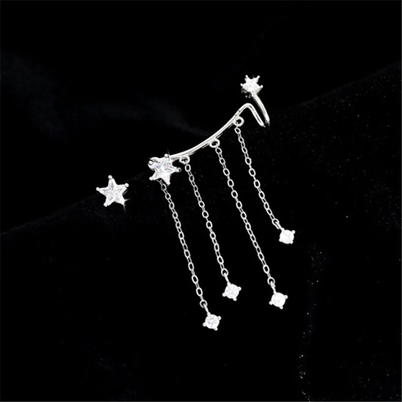 Fashion Asymmetric Shining Tassel Long Chain Zircon Star Drop Earring For Women Girls Wedding Jewelry Gift eh381