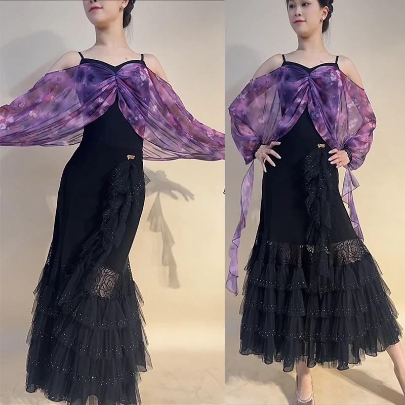 

Новый костюм для бальных танцев, женская одежда для вальса, фиолетовые сетчатые топы с рукавами, кружевная юбка с рюшами, платье для бальных танцев, выпускного вечера