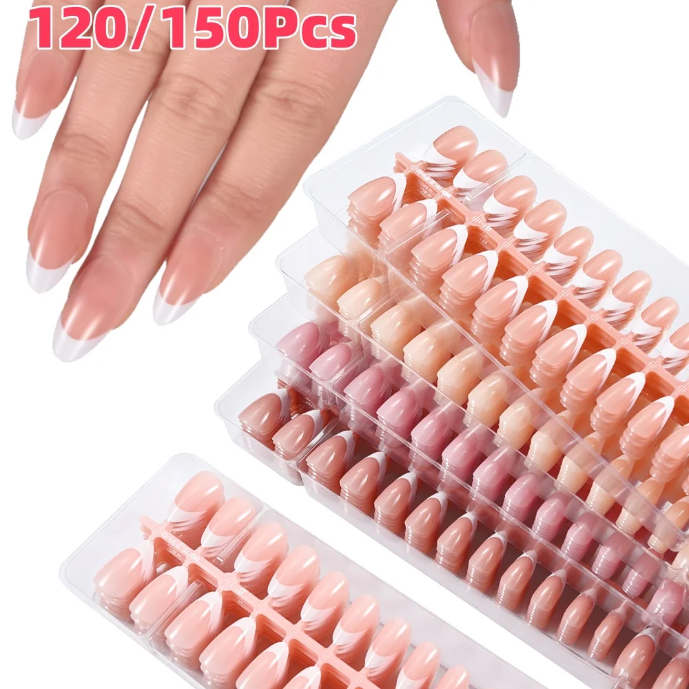 120/150 Stück rosa/nackte französische matte Mandel-Kunstnägel, vollständige Abdeckung, mittleres Drücken auf den Nagel, künstliches tragbares Acryl, gefälschte Fingerspitzen