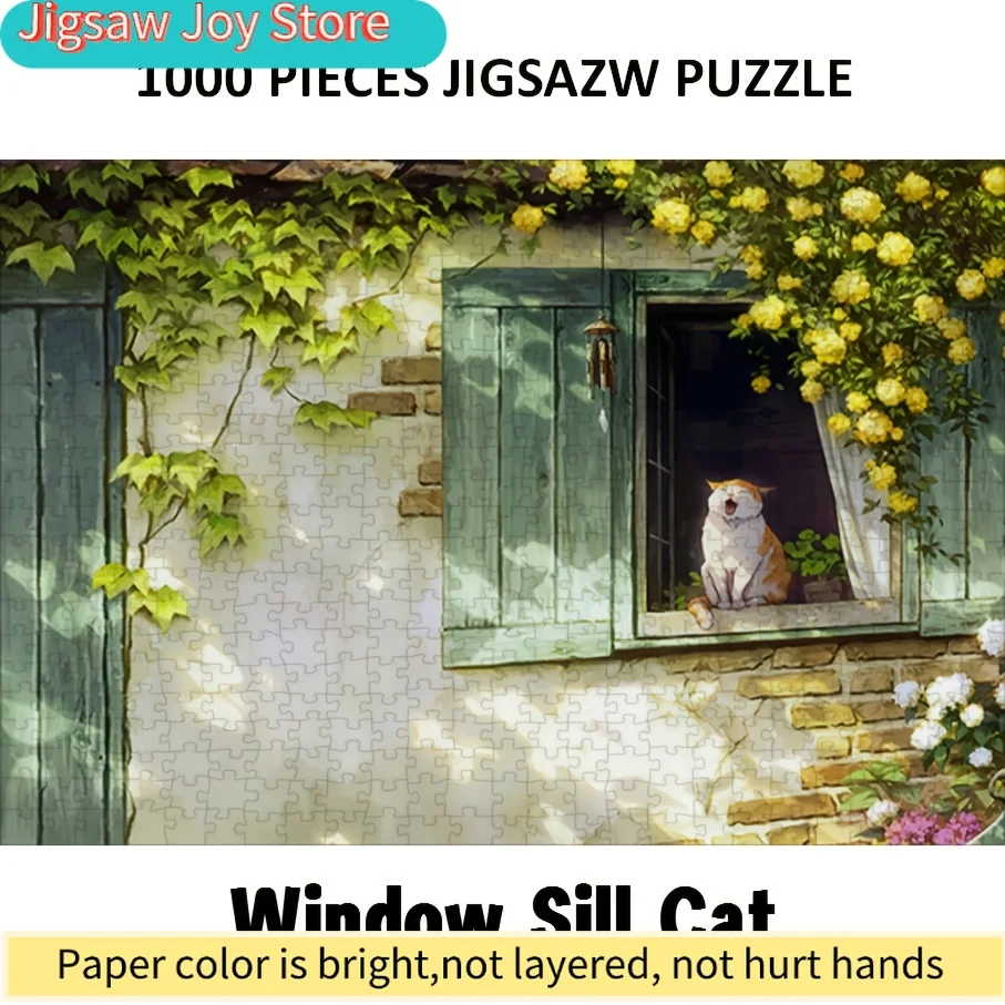 

Пазл из 1000 элементов, дизайн с изображением кошки на подоконнике, бумажный материал, 75x50 см (29.53x19.69 дюймов), идеально подходит для Пасхи, весны