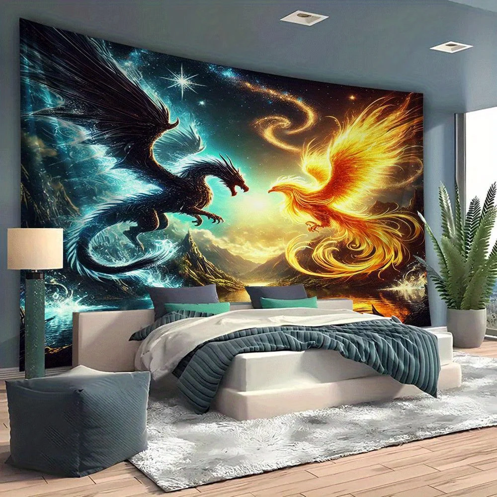 2D Flat, 1pc Large  Black Dragon & Golden Phoenix Tapestry -  Magical Lake Wall Hanging, 2D Flat Banner for Indoo