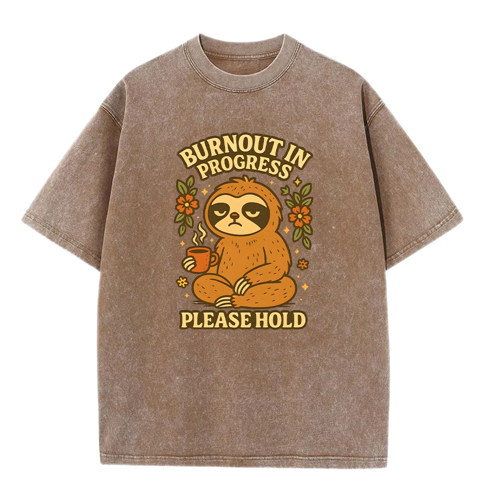 

Burnout In Progress Please Hold Prints Men Washed T Shirts Cotton All-Match T-Shirt Casual Loose Tops Summer O-Neck Streetwear