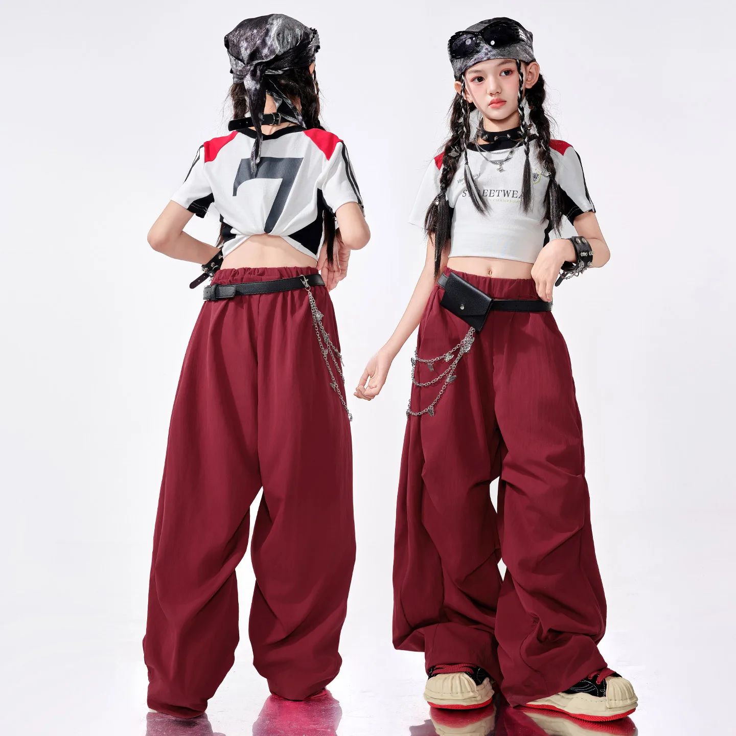 女の子ヒップホップ服クロップメッシュカーゴジョガーパンツキッズK-POPルーズパンツストリートダンス服セット子供ガールズグループコスチューム