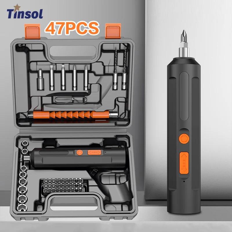 TINSOL 47PCS  Cordless Electric Screwdriver Rechargeable Adjustable Drill Bit Multi-Function Screwdriver Repair Tool