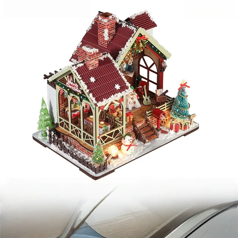 عشية عيد الميلاد Dream منزل مصغر DIY، مشهد كرة الثلج الخشبية ثلاثية الأبعاد مع أضواء، هدية العيد للبالغين #6