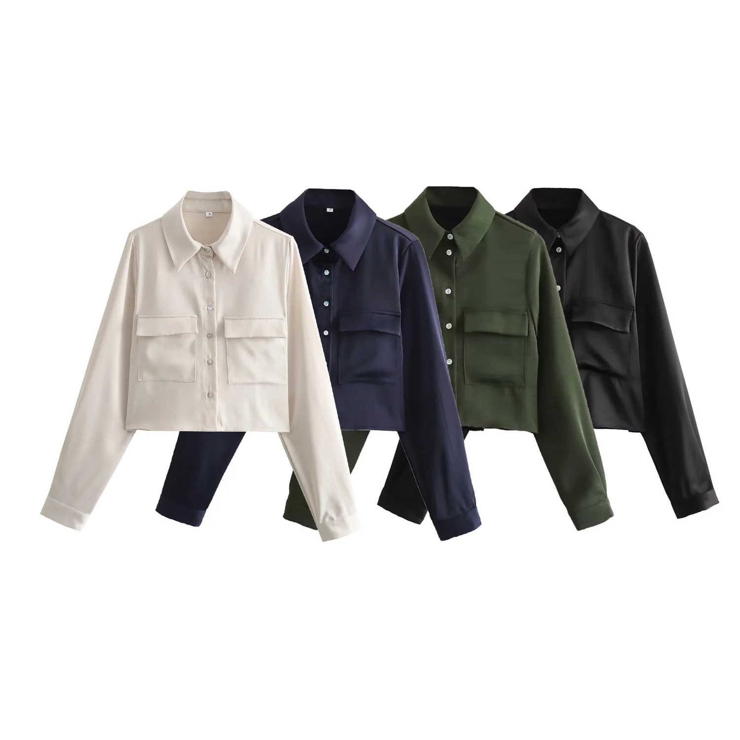 

Женская Короткая атласная блузка с карманами, длинным рукавом и пуговицами