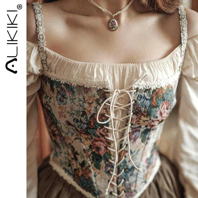 French Vintage Corset Tops Sexy Floral Corset Bustier Crop Top Tank Lace Up Camisole For Women Going Out Outfit