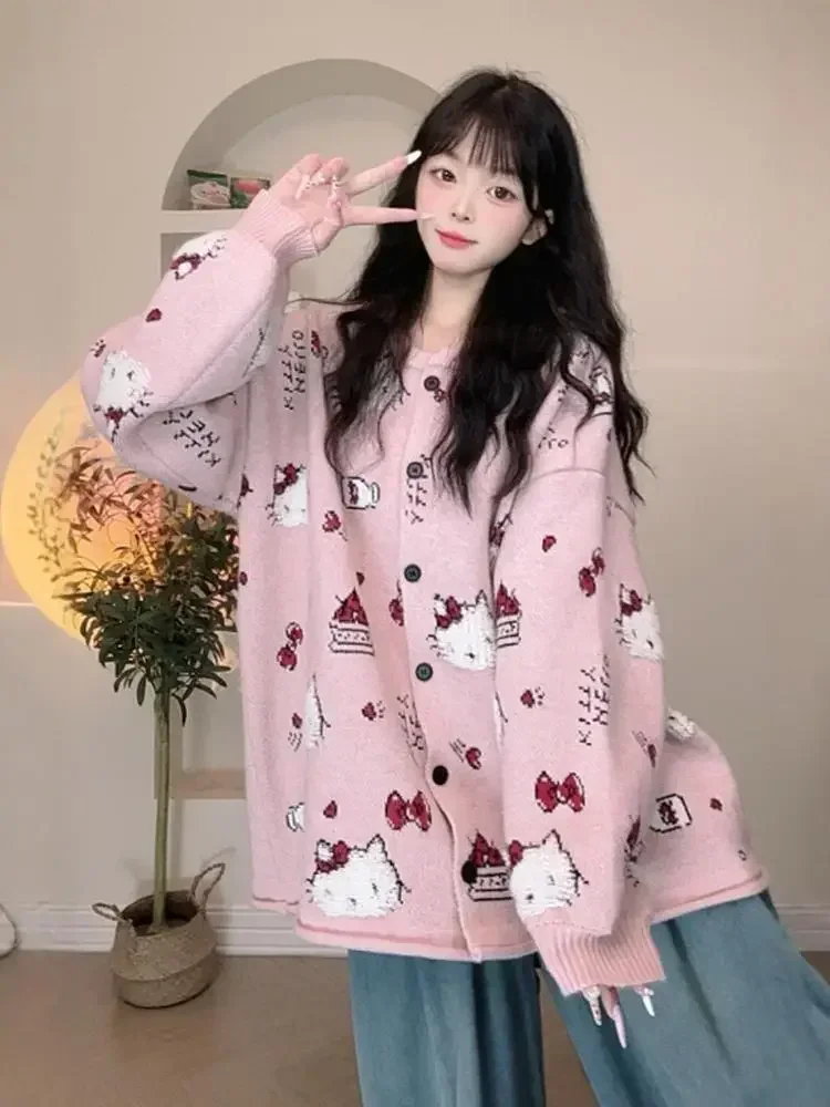 Sanrio Hello Kitty trui Girly Heart Anime gebreid vest met ronde hals en lange mouwen Herfst en winter Veelzijdig vrijetijdsjack