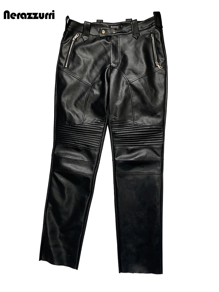 Nerazzurri Spring Autumn Cool Handsome Extremely Tight Black Pu Leather Motorcycle Pencil Pants for Men Runway European Clothes