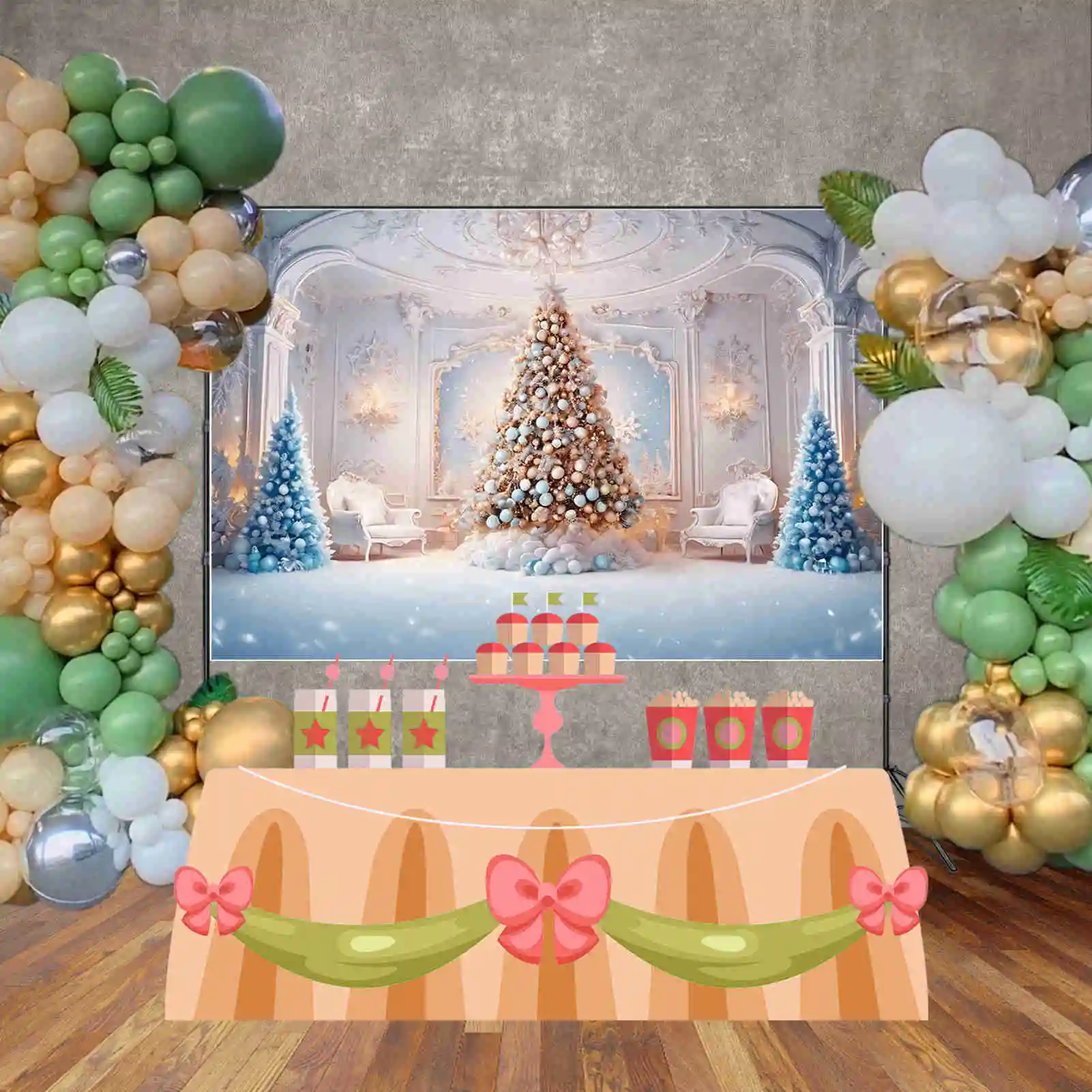 MOON.QG-Fondo de chimenea de árbol de Navidad, fondo azul congelado para interiores, sala de estar, fondos occidentales, decoración de fiesta, accesorios de zona de fotos