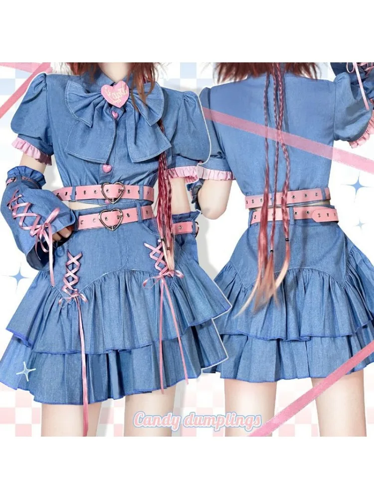 2024 New Japanese Kawaii Gothic Y2k Skirt Suit Women Dark Academia Lolita Two-piece Set Female Korean Crop Top+Party Mini Skirts