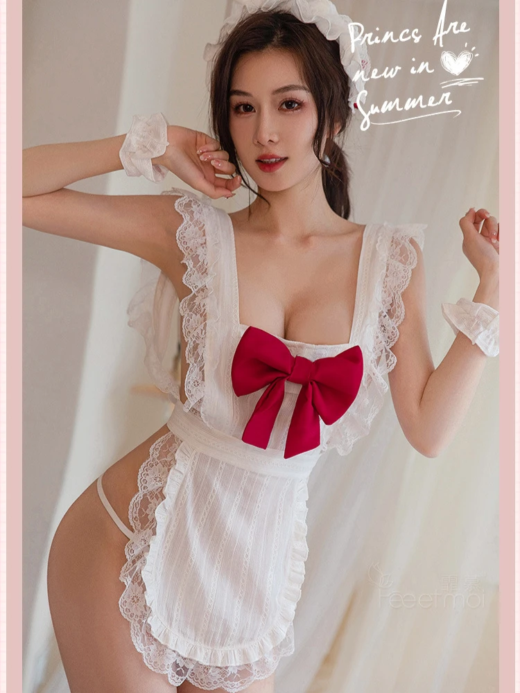 Plus Size Roleplay Maid Uniform Japanese Sex Lingerie Apron Maid Lace Uniform Cosplay Open Buttock Pajamas Night Clubwear Dress