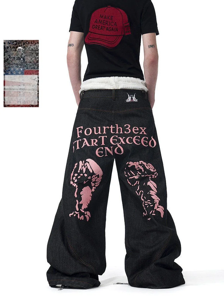 

Collaboration Edition Men's Summer Original Denim Baggy Wide Leg Pants Embroidered Temperature Sensing Color Changing Jeans