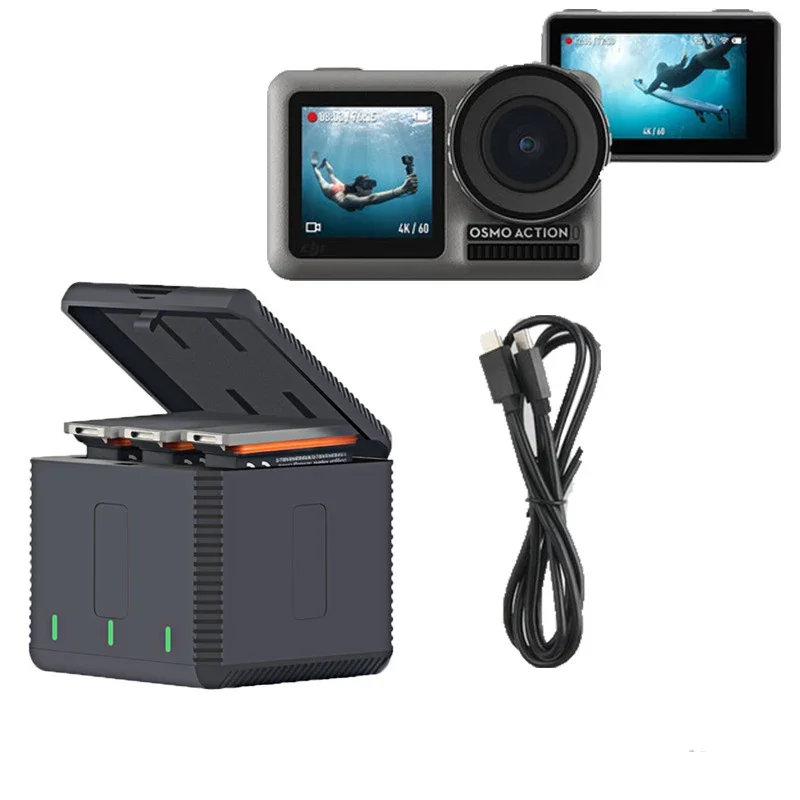 3つの急速充電器,バッテリー充電器,ケース,dji osmoアクション用充電プラグ,スポーツカメラアクセサリー