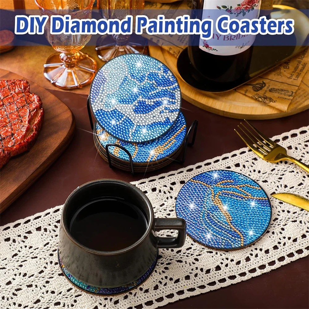 Diamond Art Painting Coasters 8pcs Kit Reusable DIY Marine Cup Coasters With Holder Mounting Tools Accessories