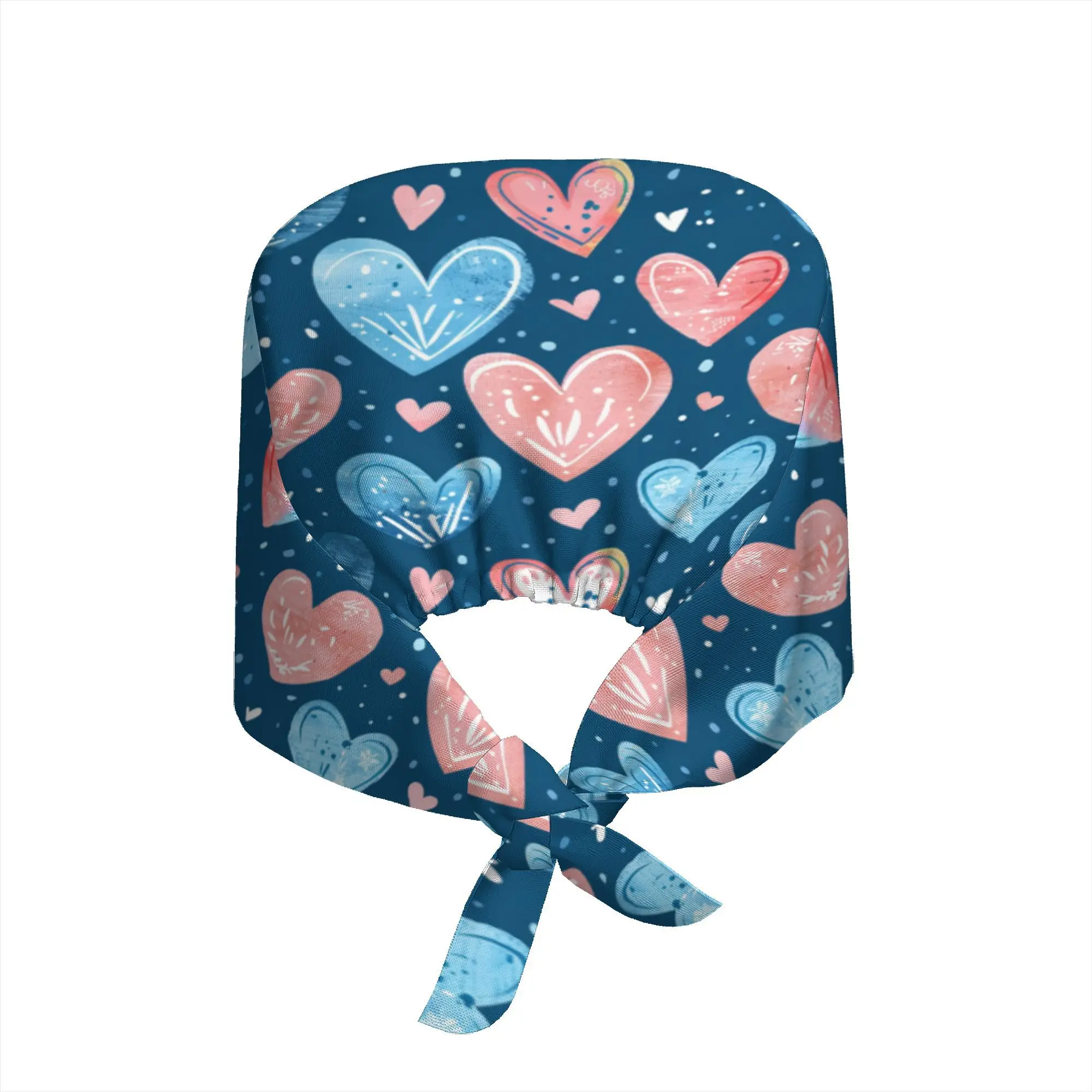 Blue Pink Watercolor Heart Print Scrub Cap Soft Tie-Back Working Cap with Sweatband Cute Love Pattern Cap for Nurses Doctors