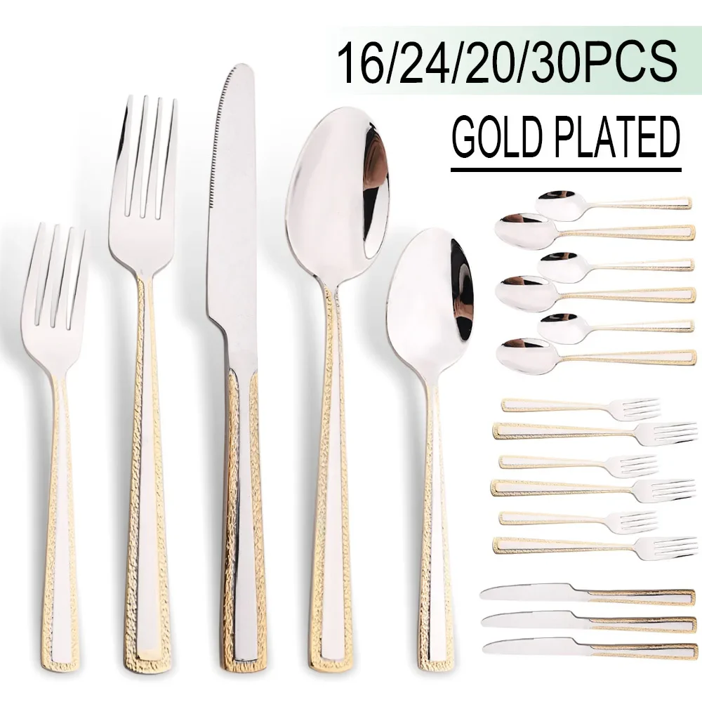 16/24/20/30Pcs Stainless Steel Dinnerware Set Knife Fork Spoon Cutlery Set Embossed Handle Dinner Flatware Kitchen Tableware