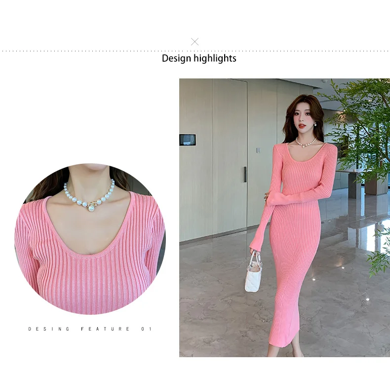 Langes Strickkleid für Damen 2026 Herbst Winter Neuerscheinung Langes Kleid mit Trompetenärmeln und V-Ausschnitt Koreanischer Stil Modisches Damenkleid – Detail 4