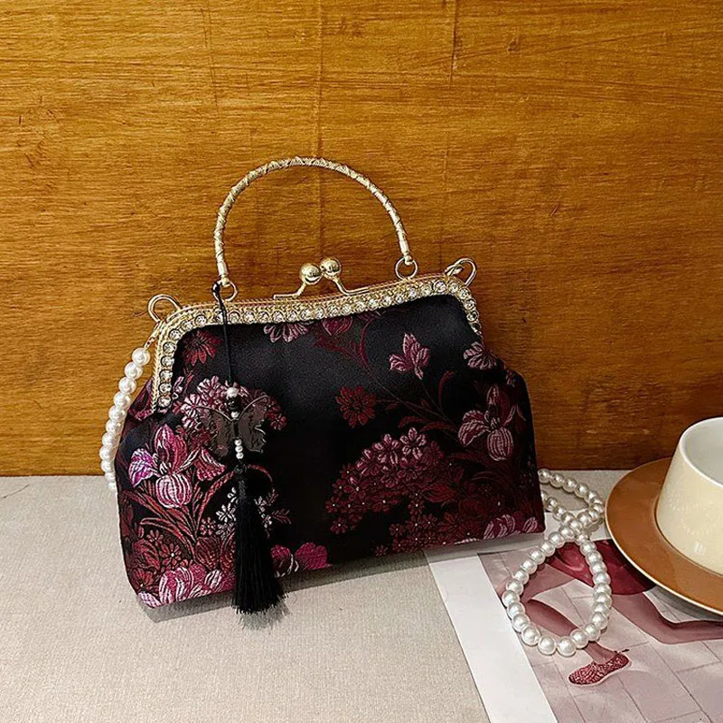 

Classic Flowers Style Vintage Bags Mother Gift Bag Women Tote Women's Handbags Fringe Bag Chain Shoulder Strap Wedding Bags