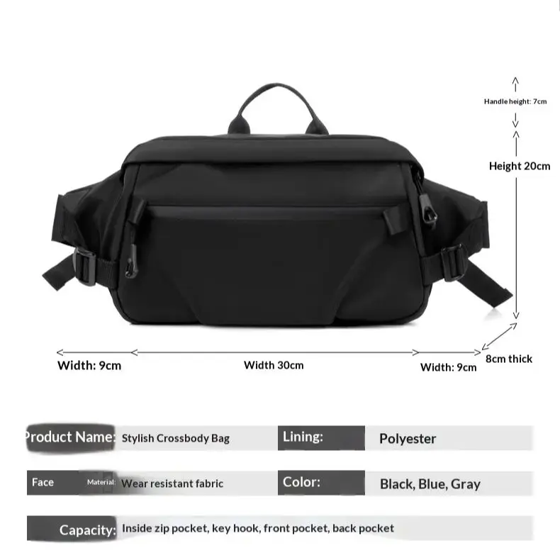 حقيبة خصر رجالية جديدة وبسيطة، حقيبة صدر عملية على الطراز الكوري، حقيبة كتف رياضية ذات سعة كبيرة