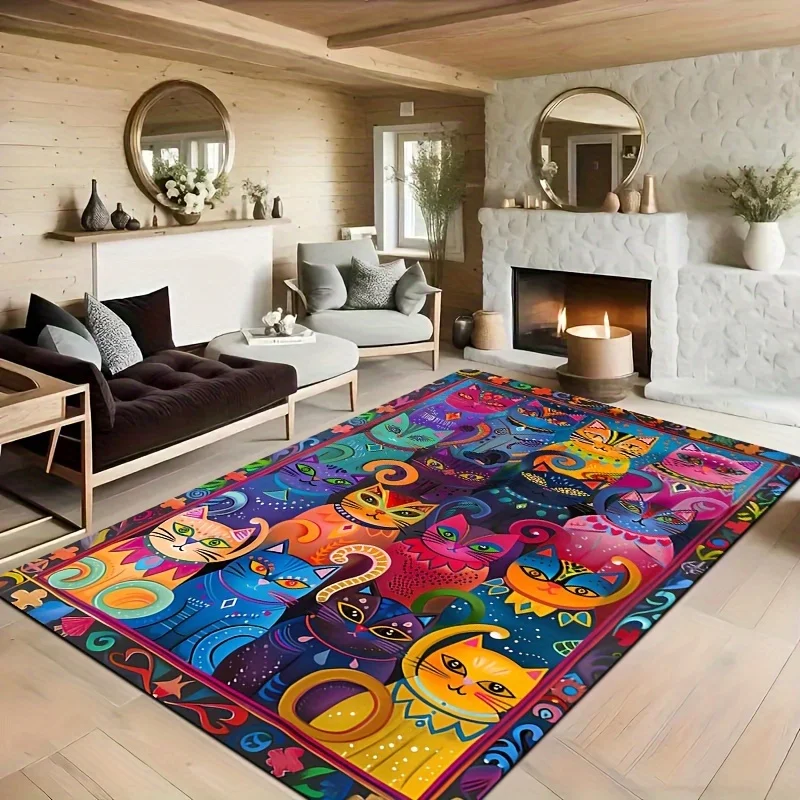 Soft & Thick Multicolor Cat-Themed Area Rug - 8mm, Machine Washable for Kitchen Living Room Bedroom - Versatile Indoor Decor Mat