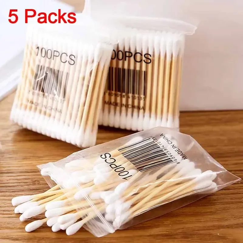 100pcs/Pack 5 Packs Cotton Swabs Double-ended Baby Disposable Cotton Swabs Ear Nose Cleaning Sticks Healthy Cleaning Tools