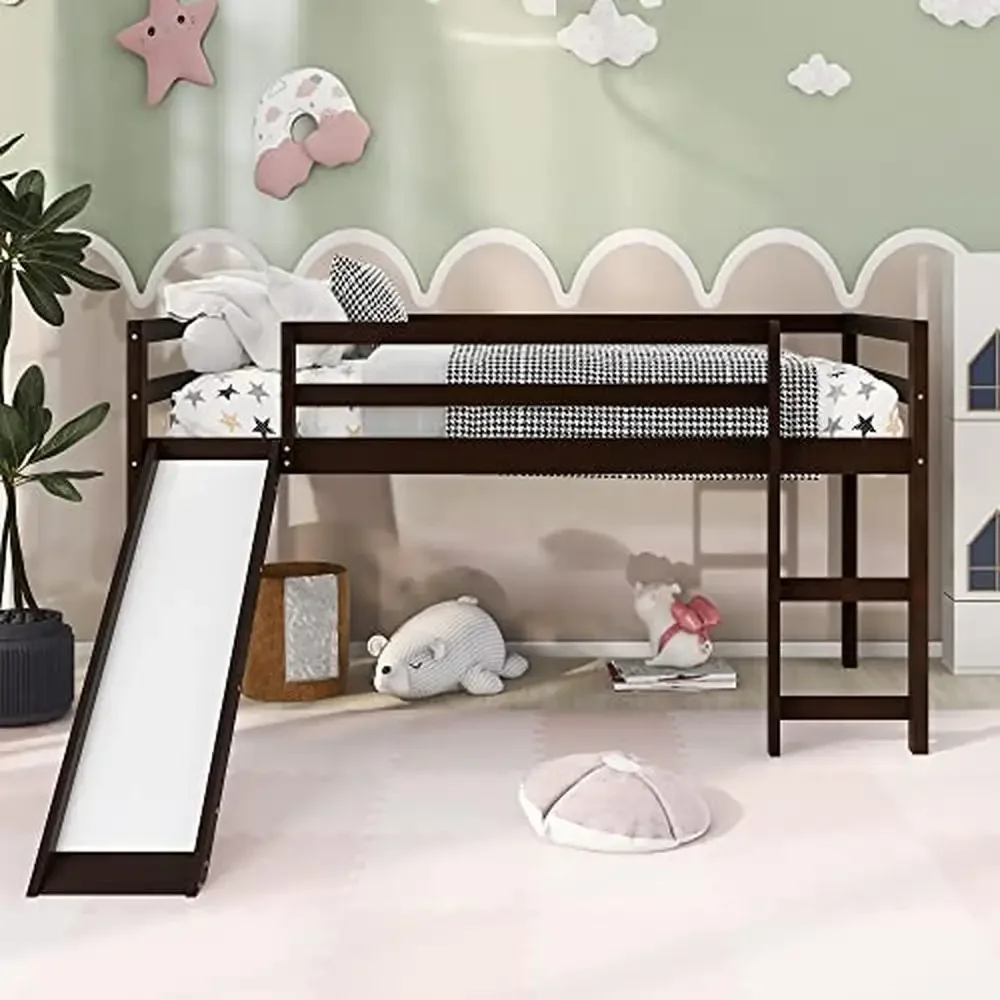 Kids Twin Size Wooden Loft Bed Frame with Slide Durable Espresso Low Loft Bed Children Modern Design with Guardrails Easy