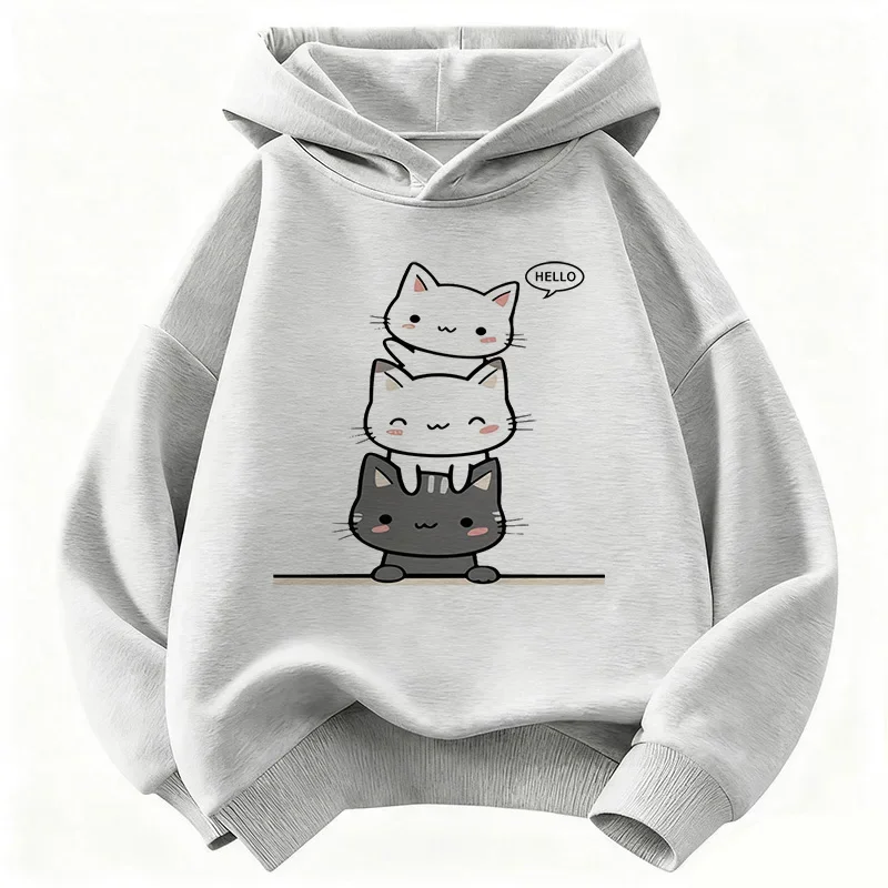 Katzen-Hoodie, süß, Kawaii, gestapelte Katzen, Hello Cartoon, minimalistisch, ästhetisch, Oversized, lässig, Sport-Sweatshirts für Kinder – Detail 6
