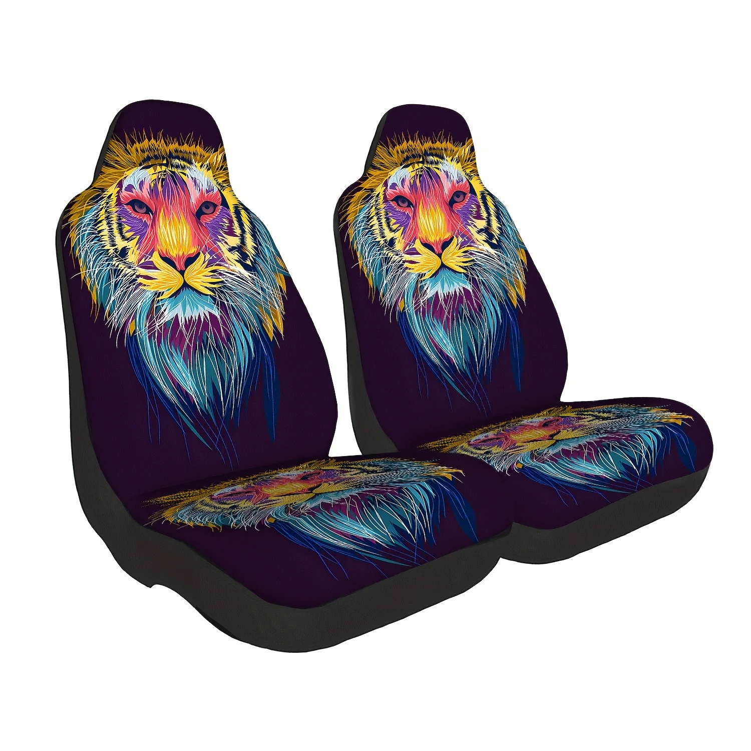 2pcs Car Front Seat Covers With Colorful Lion Print, Durable Polyester Protective Covers For Sedans, SUVs, And Trucks – Unisex V