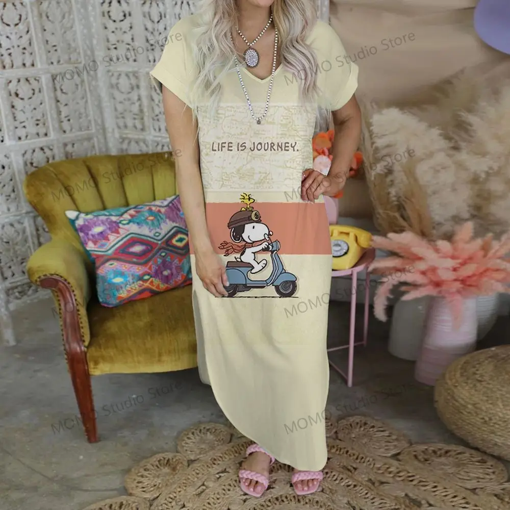 V-neck Robe Snoopy Long Dresses Streetwear Sexi Clothes for a Woman Fashion S-2XL Elegant Gowns 2024 Kawaii Lovely Party Cheap