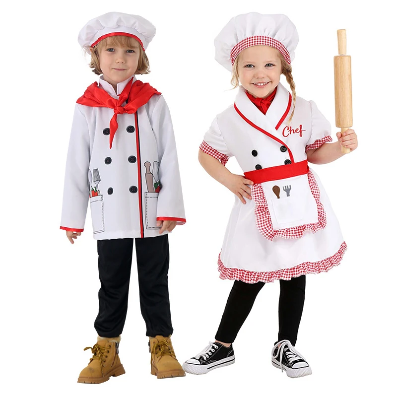 2025 Boys Chef Coat Halloween Fancy Dress Up Costume With Chef Hat For Cooking Party Baking Girls Cook Uniform Costume for Kids