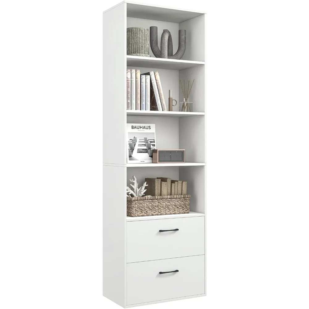 4 Shelf Bookcase with 2 Drawers, 74 Inch 4 Tiers Tall Open Bookshelf with 2 Slide-Out Drawers, Anti-toppling Device