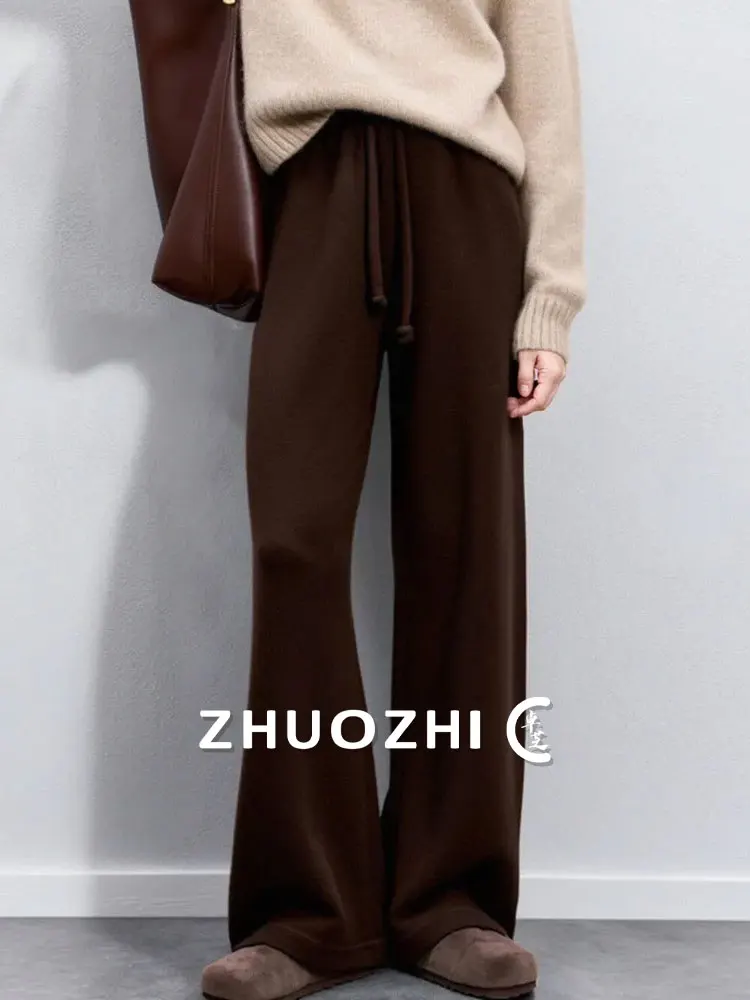 

Широкие брюки Zhuo Chi Thiened Fce для женщин, с высокой талией, на резинке, повседневные, в французском стиле, простые, однотонные