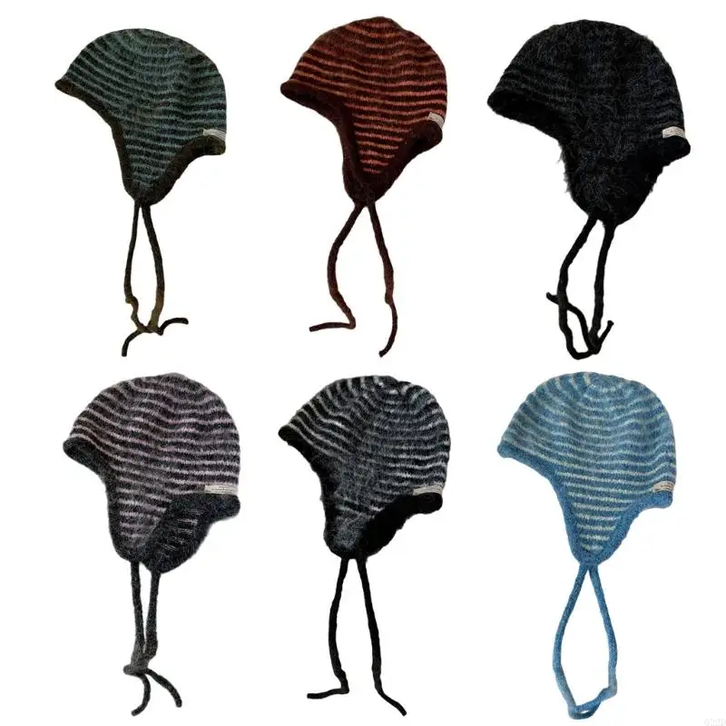 

Q22D High Performances Knit Stripe Pullover Hat Ear Cover Flap For Commuting Hiking