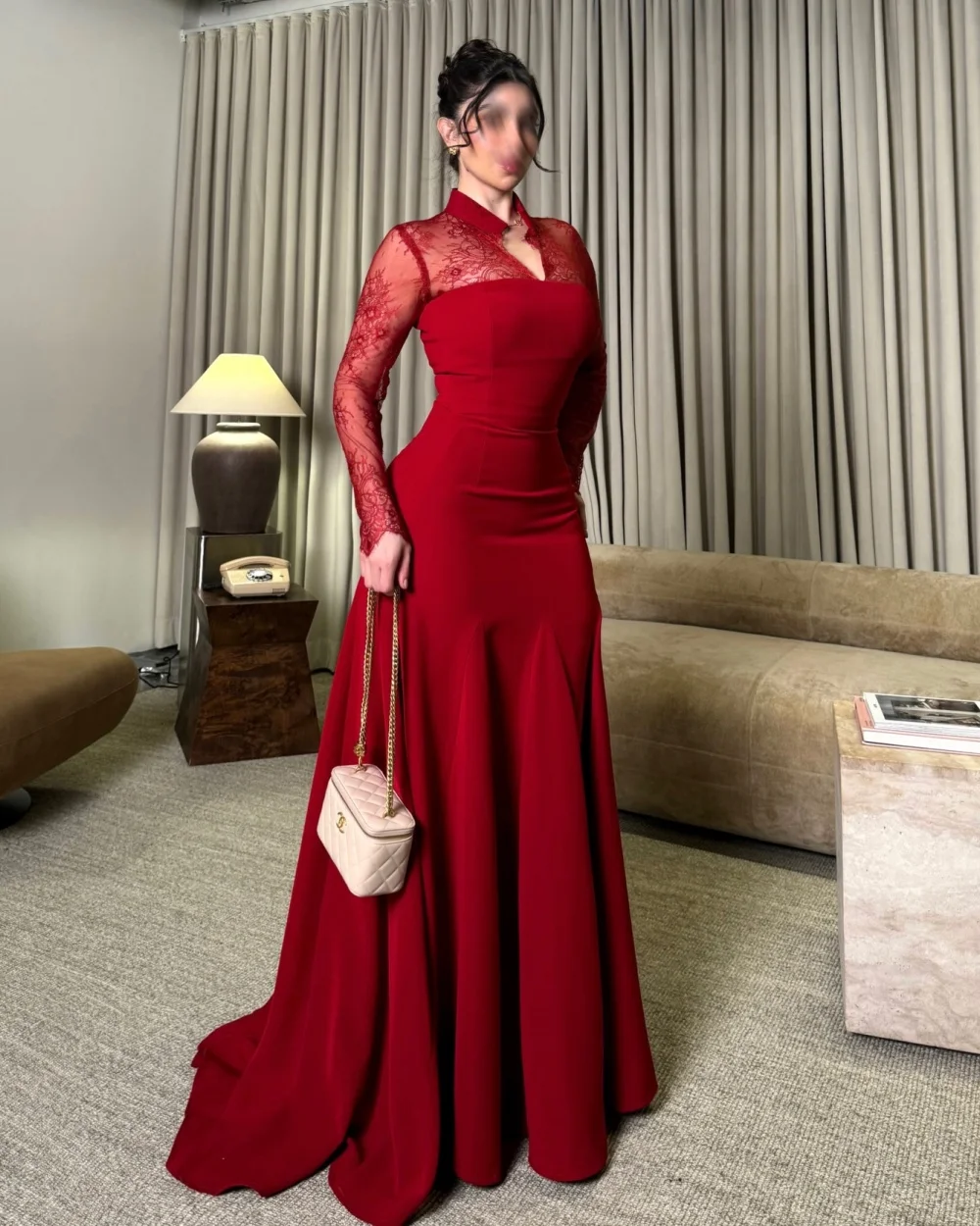 

Customized Retro Formal Women Jersey Lace Ruched A-Line Evening Dresses Fashion High Collar Long Sleeves Floor Lenght Party Gown