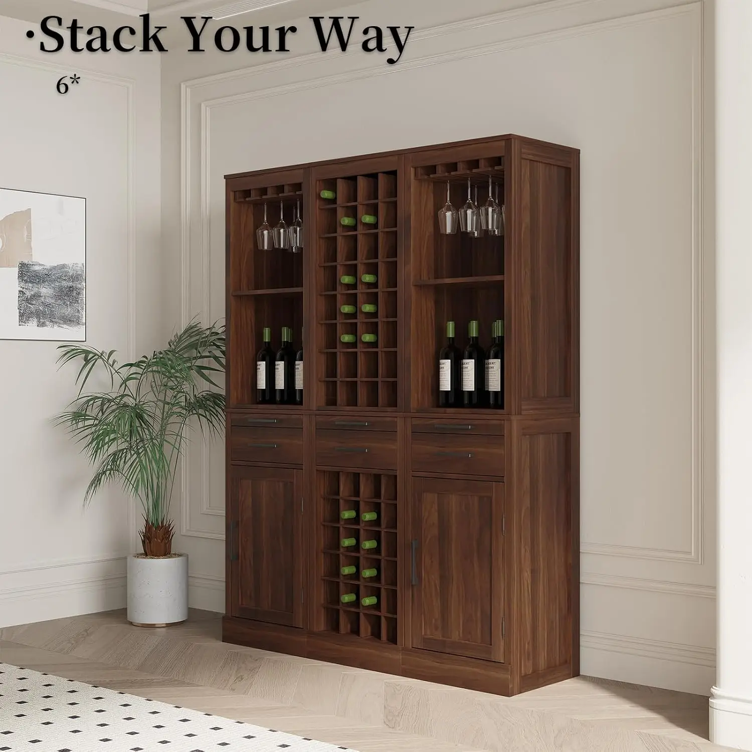 Rustic 8-Tier Stackable Wine Rack 32 Bottle Freestanding Floor Cabinet for Home Kitchen Living Dining Room Walnut, Customized